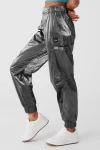 Metallic High-Waist Break Line Jogger - Silver Metallic