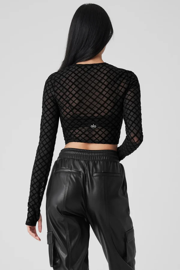 Mesh Plaid Cropped Long Sleeve Top - Black