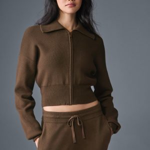 Scholar Knit Cropped Full Zip Jacket ?C Espresso