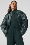 Faux Leather Premier Bomber ?C Charcoal Green