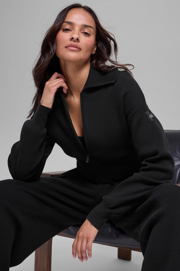 Scholar Knit Cropped Full Zip Jacket ?C Black