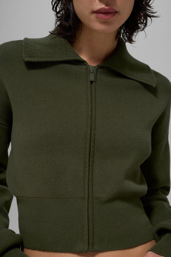 Scholar Knit Cropped Full Zip Jacket ?C Green Olive