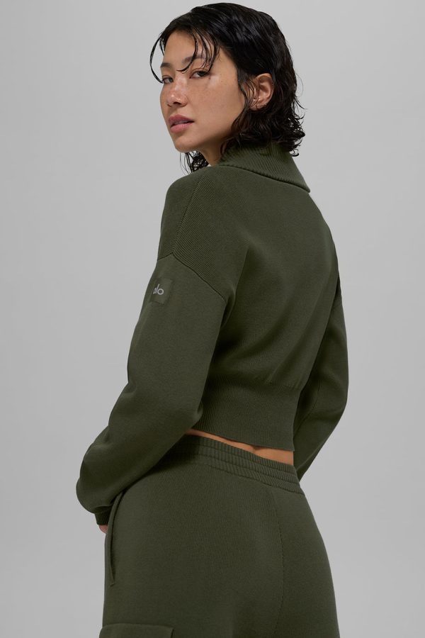Scholar Knit Cropped Full Zip Jacket ?C Green Olive