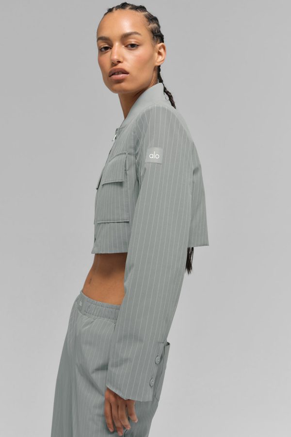 Cropped Pinstripe Main Character Full Zip Jacket ?C Lunar Grey/White
